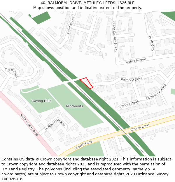 40, BALMORAL DRIVE, METHLEY, LEEDS, LS26 9LE: Location map and indicative extent of plot