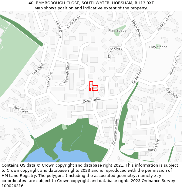 40, BAMBOROUGH CLOSE, SOUTHWATER, HORSHAM, RH13 9XF: Location map and indicative extent of plot