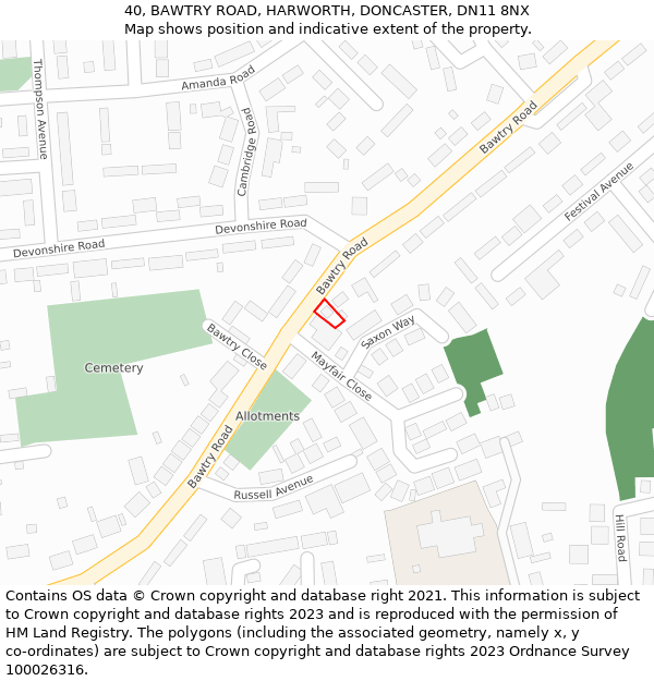 40, BAWTRY ROAD, HARWORTH, DONCASTER, DN11 8NX: Location map and indicative extent of plot