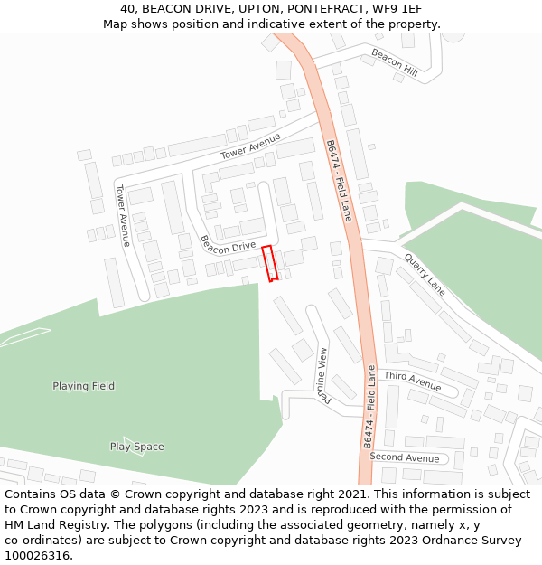 40, BEACON DRIVE, UPTON, PONTEFRACT, WF9 1EF: Location map and indicative extent of plot