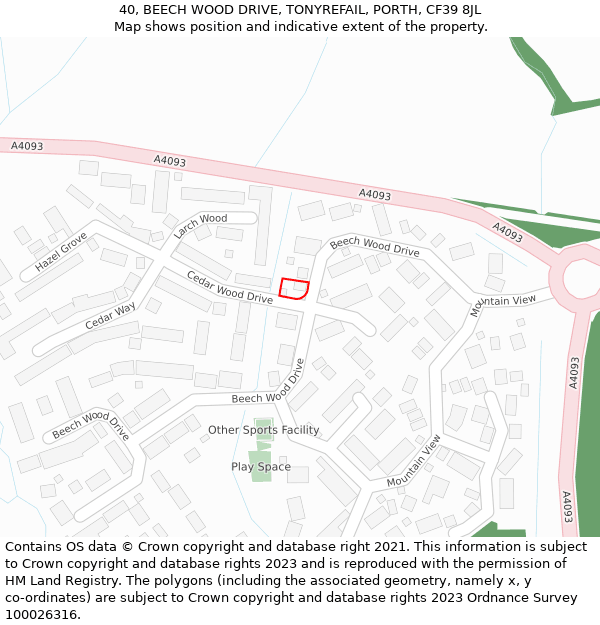 40, BEECH WOOD DRIVE, TONYREFAIL, PORTH, CF39 8JL: Location map and indicative extent of plot