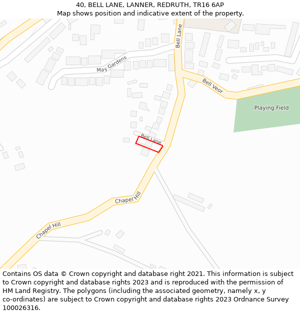 40, BELL LANE, LANNER, REDRUTH, TR16 6AP: Location map and indicative extent of plot