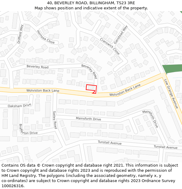 40, BEVERLEY ROAD, BILLINGHAM, TS23 3RE: Location map and indicative extent of plot