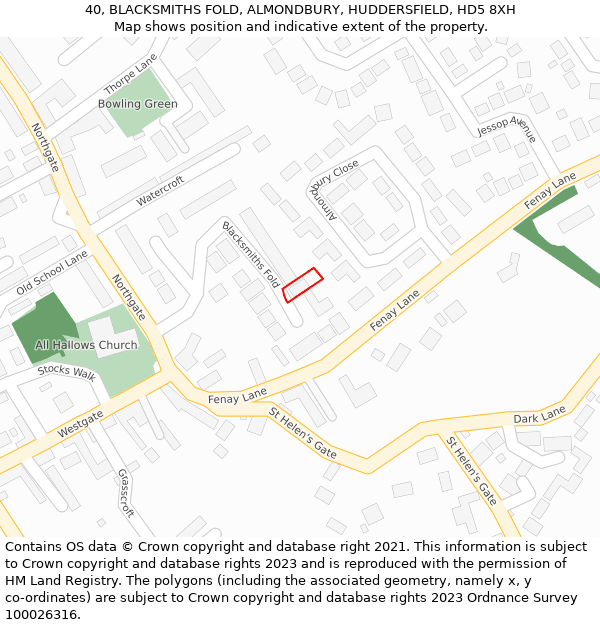 40, BLACKSMITHS FOLD, ALMONDBURY, HUDDERSFIELD, HD5 8XH: Location map and indicative extent of plot