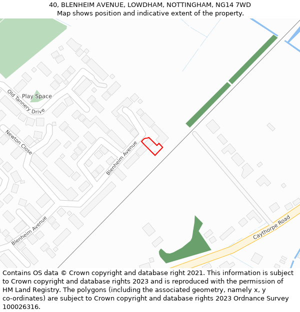 40, BLENHEIM AVENUE, LOWDHAM, NOTTINGHAM, NG14 7WD: Location map and indicative extent of plot