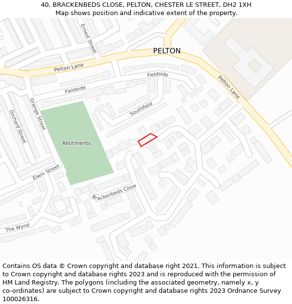 40, BRACKENBEDS CLOSE, PELTON, CHESTER LE STREET, DH2 1XH: Location map and indicative extent of plot