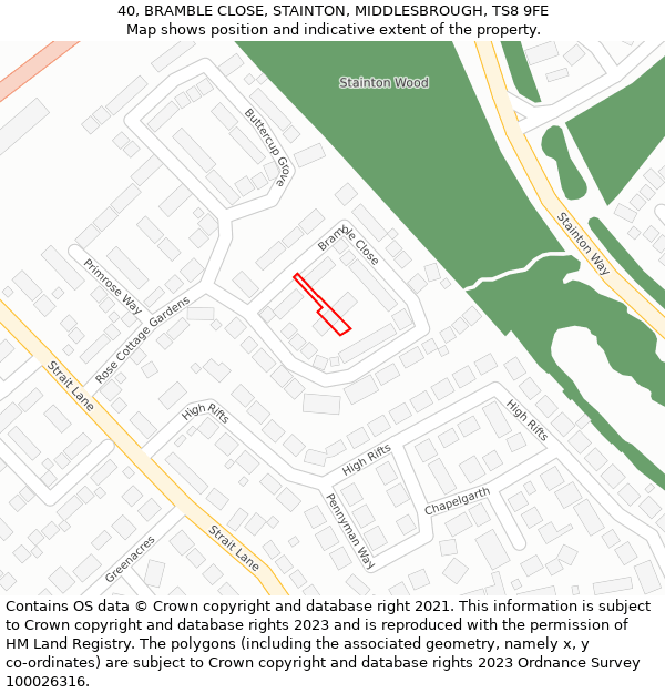 40, BRAMBLE CLOSE, STAINTON, MIDDLESBROUGH, TS8 9FE: Location map and indicative extent of plot