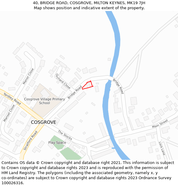 40, BRIDGE ROAD, COSGROVE, MILTON KEYNES, MK19 7JH: Location map and indicative extent of plot