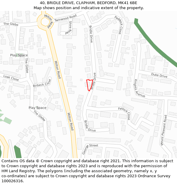 40, BRIDLE DRIVE, CLAPHAM, BEDFORD, MK41 6BE: Location map and indicative extent of plot