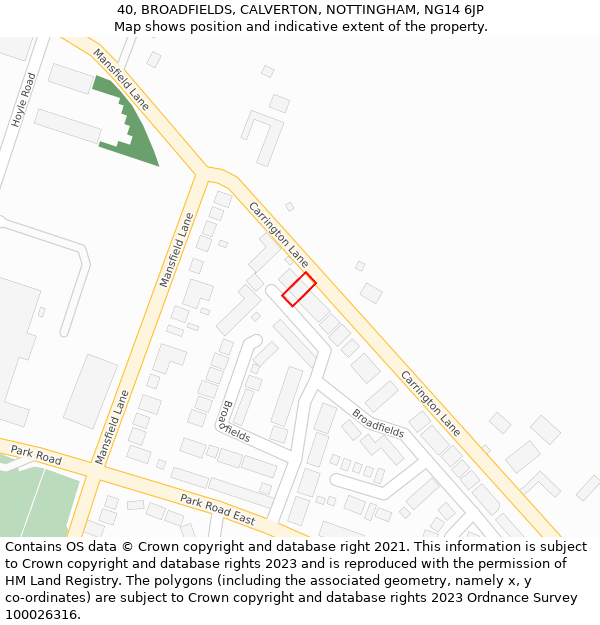 40, BROADFIELDS, CALVERTON, NOTTINGHAM, NG14 6JP: Location map and indicative extent of plot