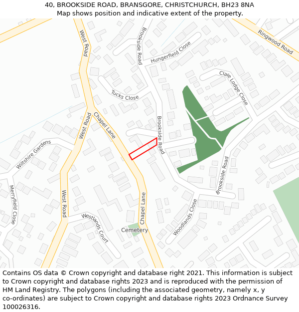 40, BROOKSIDE ROAD, BRANSGORE, CHRISTCHURCH, BH23 8NA: Location map and indicative extent of plot