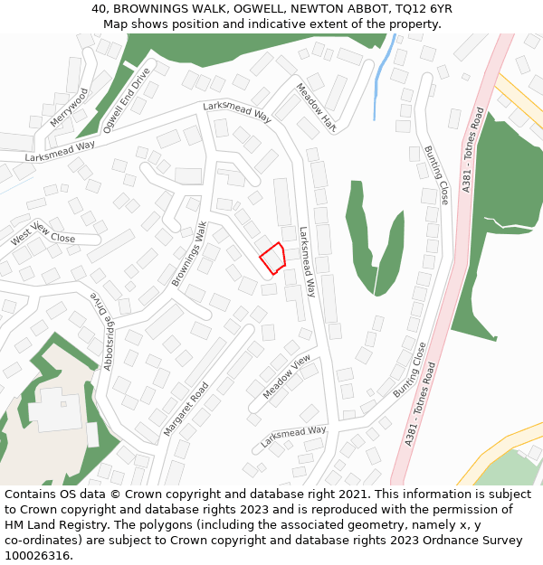 40, BROWNINGS WALK, OGWELL, NEWTON ABBOT, TQ12 6YR: Location map and indicative extent of plot