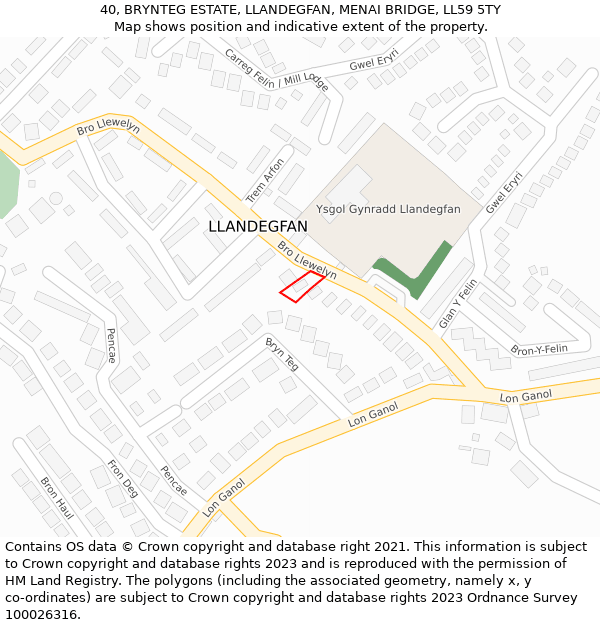 40, BRYNTEG ESTATE, LLANDEGFAN, MENAI BRIDGE, LL59 5TY: Location map and indicative extent of plot