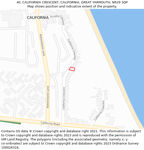 40, CALIFORNIA CRESCENT, CALIFORNIA, GREAT YARMOUTH, NR29 3QP: Location map and indicative extent of plot