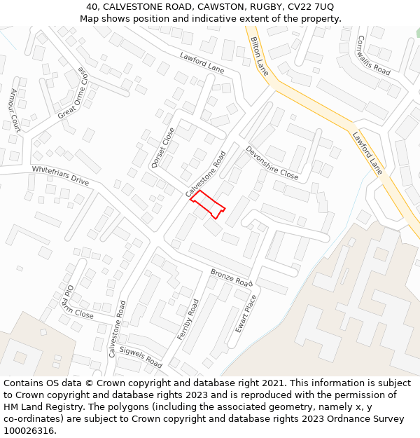 40, CALVESTONE ROAD, CAWSTON, RUGBY, CV22 7UQ: Location map and indicative extent of plot