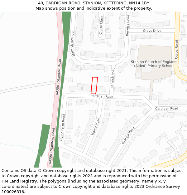 40, CARDIGAN ROAD, STANION, KETTERING, NN14 1BY: Location map and indicative extent of plot