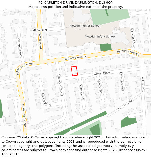 40, CARLETON DRIVE, DARLINGTON, DL3 9QP: Location map and indicative extent of plot