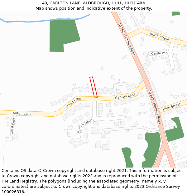 40, CARLTON LANE, ALDBROUGH, HULL, HU11 4RA: Location map and indicative extent of plot