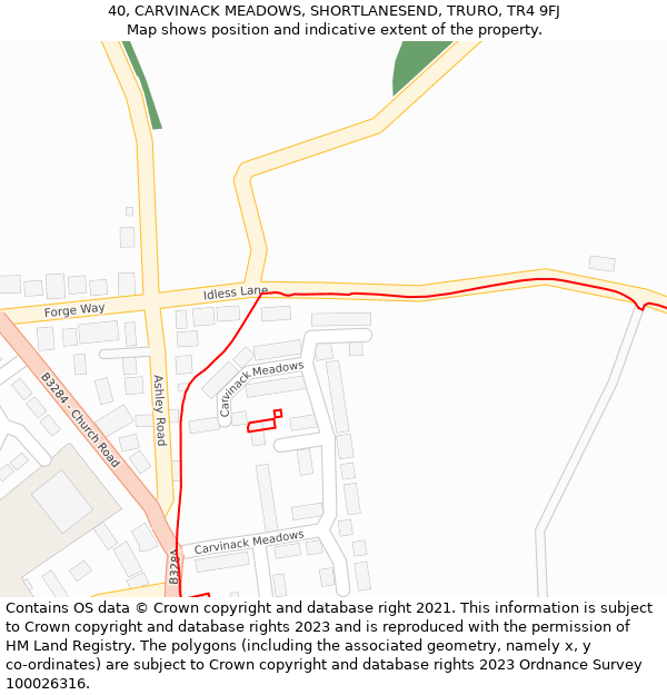 40, CARVINACK MEADOWS, SHORTLANESEND, TRURO, TR4 9FJ: Location map and indicative extent of plot