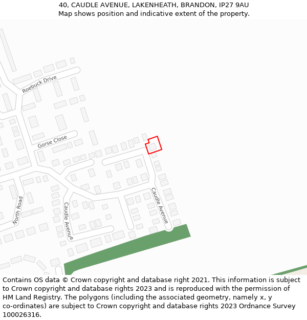40, CAUDLE AVENUE, LAKENHEATH, BRANDON, IP27 9AU: Location map and indicative extent of plot