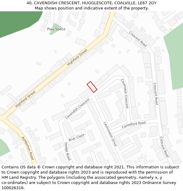 40, CAVENDISH CRESCENT, HUGGLESCOTE, COALVILLE, LE67 2GY: Location map and indicative extent of plot