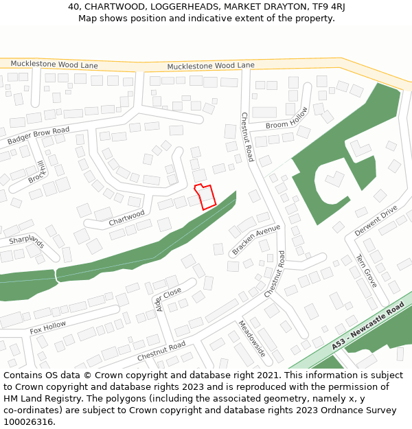 40, CHARTWOOD, LOGGERHEADS, MARKET DRAYTON, TF9 4RJ: Location map and indicative extent of plot