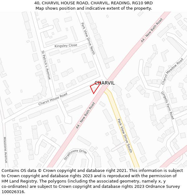 40, CHARVIL HOUSE ROAD, CHARVIL, READING, RG10 9RD: Location map and indicative extent of plot