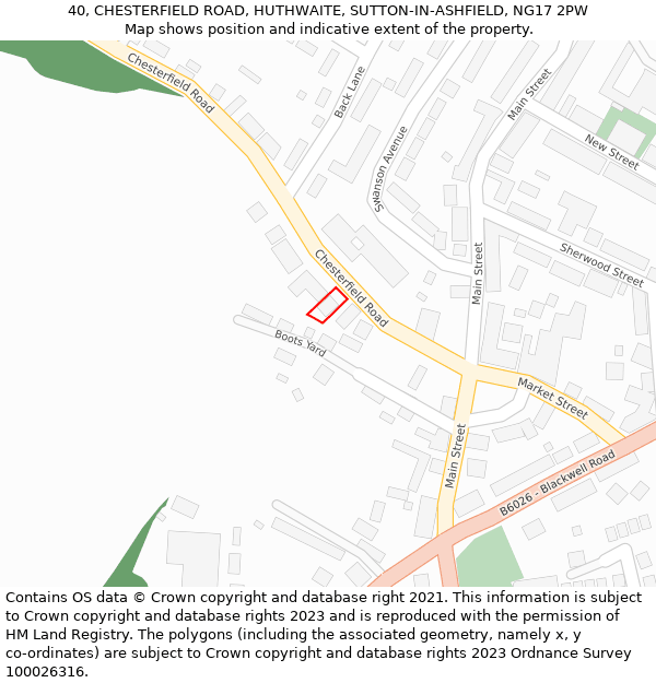 40, CHESTERFIELD ROAD, HUTHWAITE, SUTTON-IN-ASHFIELD, NG17 2PW: Location map and indicative extent of plot