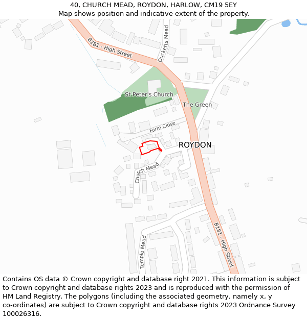 40, CHURCH MEAD, ROYDON, HARLOW, CM19 5EY: Location map and indicative extent of plot