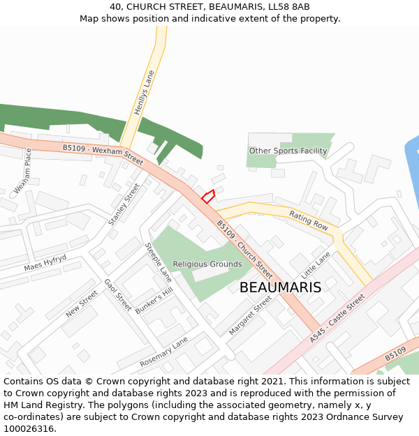 40, CHURCH STREET, BEAUMARIS, LL58 8AB: Location map and indicative extent of plot