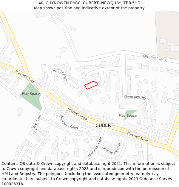 40, CHYNOWEN PARC, CUBERT, NEWQUAY, TR8 5HD: Location map and indicative extent of plot