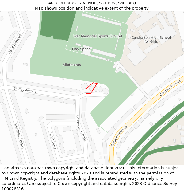 40, COLERIDGE AVENUE, SUTTON, SM1 3RQ: Location map and indicative extent of plot