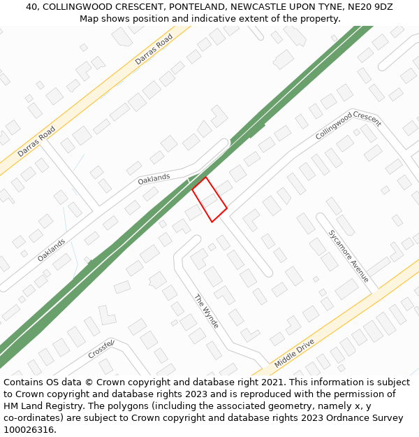 40, COLLINGWOOD CRESCENT, PONTELAND, NEWCASTLE UPON TYNE, NE20 9DZ: Location map and indicative extent of plot