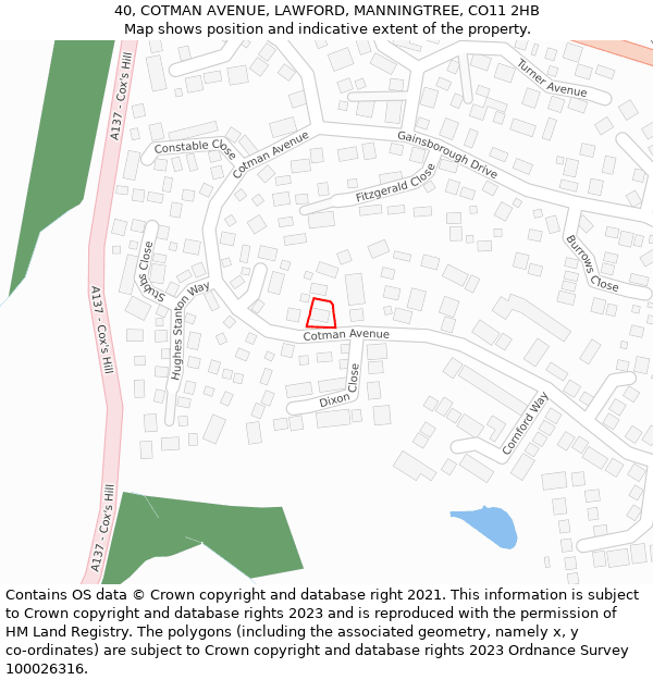 40, COTMAN AVENUE, LAWFORD, MANNINGTREE, CO11 2HB: Location map and indicative extent of plot