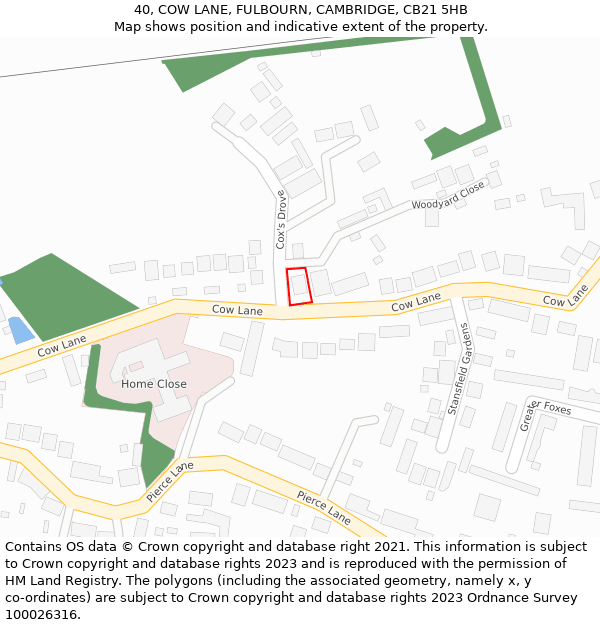 40, COW LANE, FULBOURN, CAMBRIDGE, CB21 5HB: Location map and indicative extent of plot