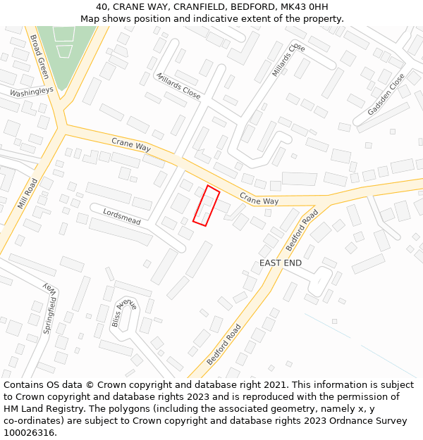 40, CRANE WAY, CRANFIELD, BEDFORD, MK43 0HH: Location map and indicative extent of plot