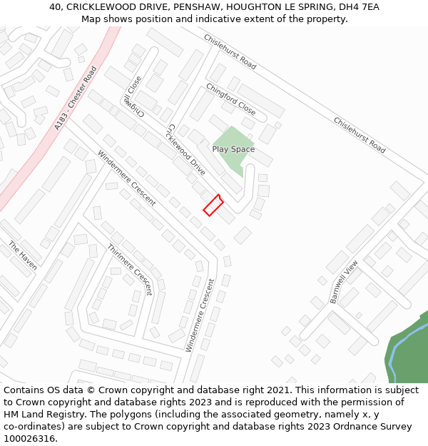 40, CRICKLEWOOD DRIVE, PENSHAW, HOUGHTON LE SPRING, DH4 7EA: Location map and indicative extent of plot