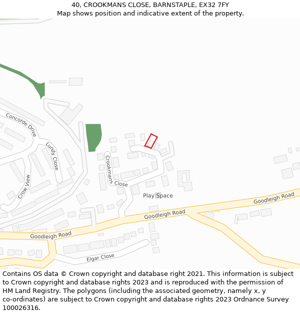 40, CROOKMANS CLOSE, BARNSTAPLE, EX32 7FY: Location map and indicative extent of plot