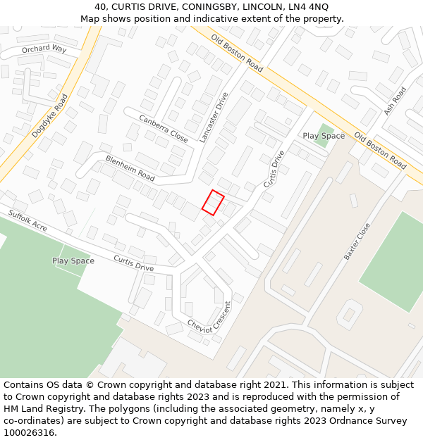 40, CURTIS DRIVE, CONINGSBY, LINCOLN, LN4 4NQ: Location map and indicative extent of plot