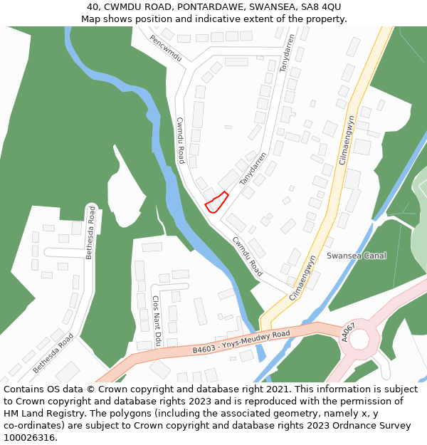 40, CWMDU ROAD, PONTARDAWE, SWANSEA, SA8 4QU: Location map and indicative extent of plot