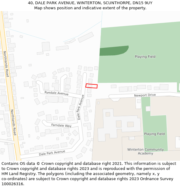 40, DALE PARK AVENUE, WINTERTON, SCUNTHORPE, DN15 9UY: Location map and indicative extent of plot