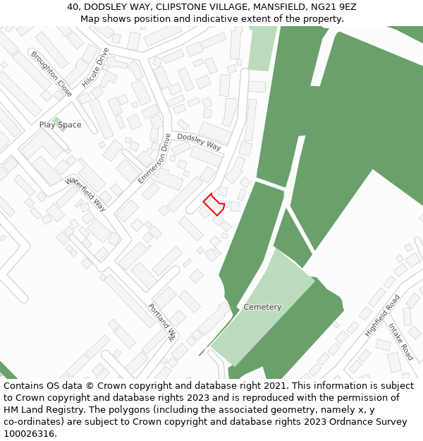 40, DODSLEY WAY, CLIPSTONE VILLAGE, MANSFIELD, NG21 9EZ: Location map and indicative extent of plot