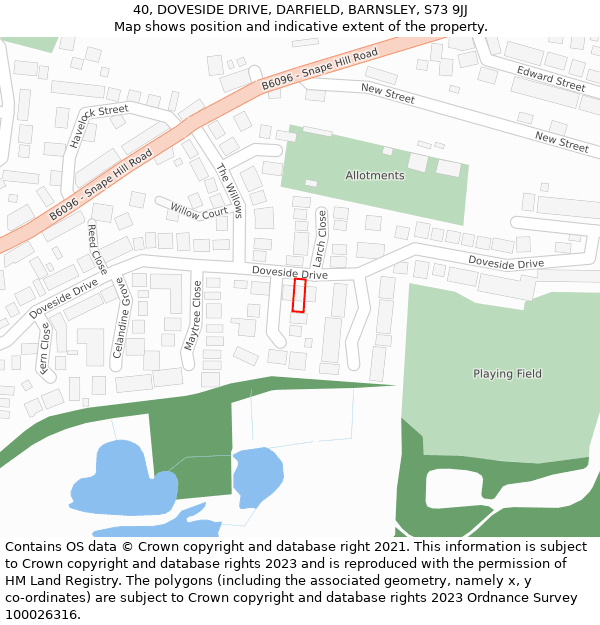 40, DOVESIDE DRIVE, DARFIELD, BARNSLEY, S73 9JJ: Location map and indicative extent of plot