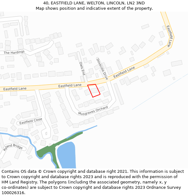 40, EASTFIELD LANE, WELTON, LINCOLN, LN2 3ND: Location map and indicative extent of plot