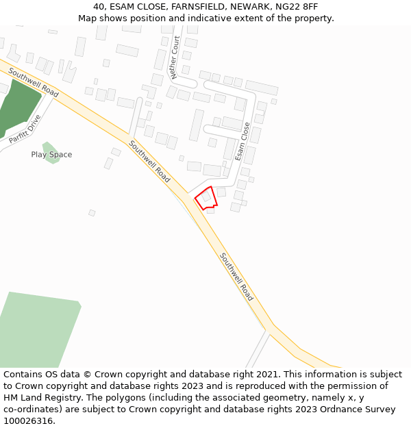 40, ESAM CLOSE, FARNSFIELD, NEWARK, NG22 8FF: Location map and indicative extent of plot