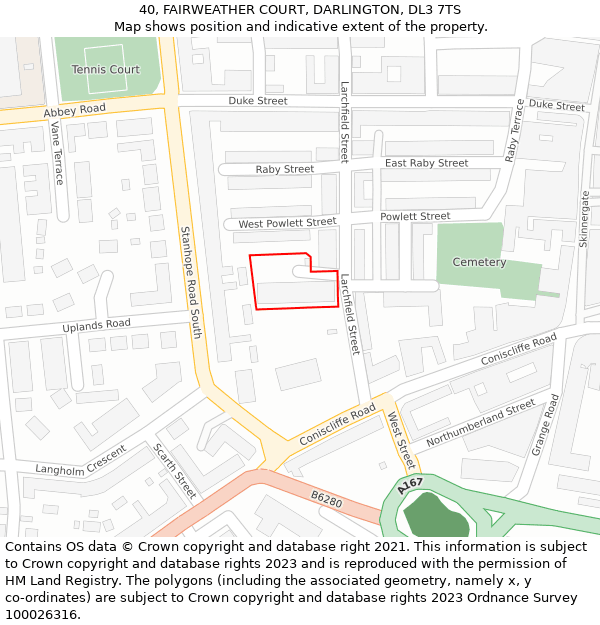 40, FAIRWEATHER COURT, DARLINGTON, DL3 7TS: Location map and indicative extent of plot