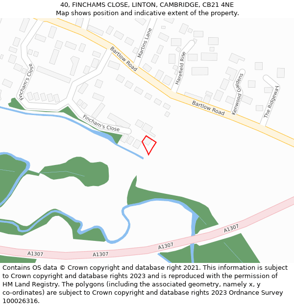 40, FINCHAMS CLOSE, LINTON, CAMBRIDGE, CB21 4NE: Location map and indicative extent of plot