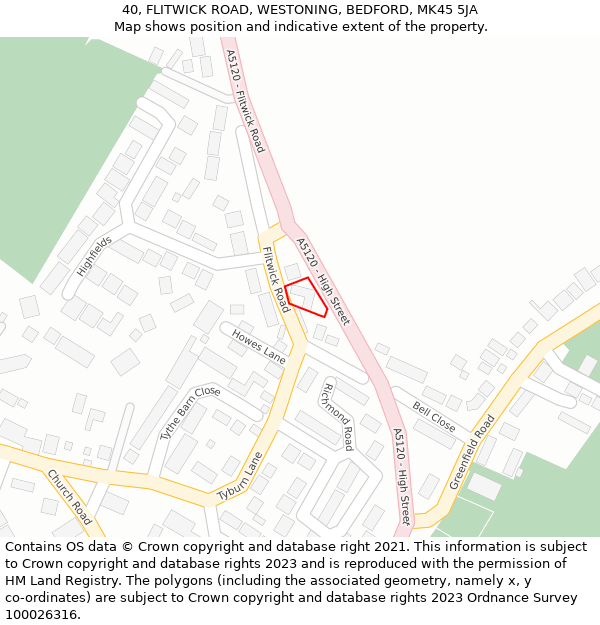 40, FLITWICK ROAD, WESTONING, BEDFORD, MK45 5JA: Location map and indicative extent of plot