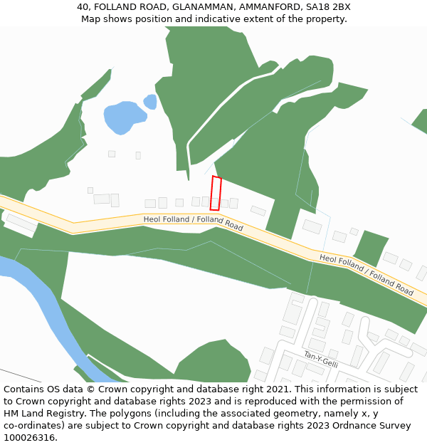 40, FOLLAND ROAD, GLANAMMAN, AMMANFORD, SA18 2BX: Location map and indicative extent of plot