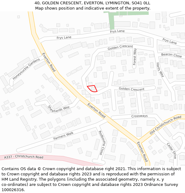 40, GOLDEN CRESCENT, EVERTON, LYMINGTON, SO41 0LL: Location map and indicative extent of plot